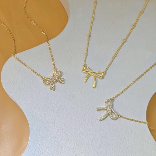 OGD Gold Necklace for Women, Bow Necklace 14K Layered Gold Necklace Dainty Bow Pendant Choker Necklace Trendy Bow Necklace Gold Chain Necklaces for Women Jewelry Gift - color: Pearl CZ Bow-Gold
