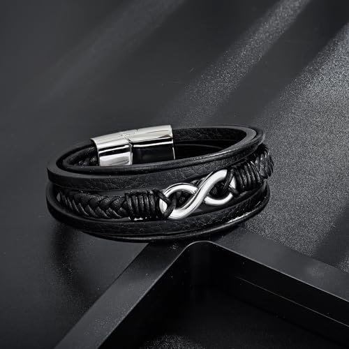 Men's Leather Infinity Bracelet Stainless Steel Number 8 Wristband Cuff Bangle Bracelets Gifts for Men, 8.3 & 9.1 inches - color: 02.Five-layers leather & silver infinity, size: 8.3inch(Fits most wrists.)