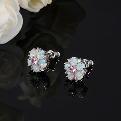 CiNily Flower Earrings,Opal Stud Earrings Sterling Silver or White Gold/Rose Gold Plated Ladies Flower Stud Earrings Cute Unique Earrings for Girls - color: Pink 2