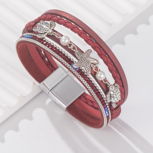 FANCY SHINY Turtle Starfish Leather Wrap Bracelet Boho Rhinestone Pearl Cuff Bracelets for Women Summer Beach Jewelry for Women - color: Burgundy