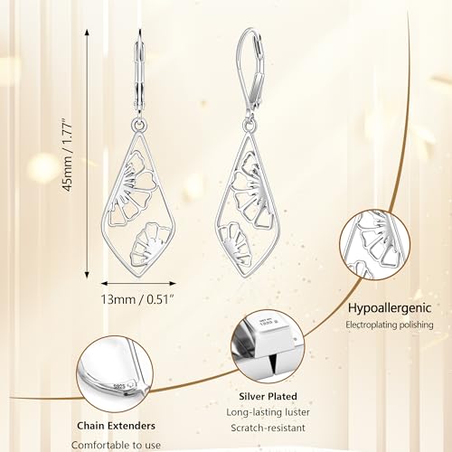 Silver Dangle Earrings Hypoallergenic Filigree Flower Carved Hollow Out Dangle Earrings for Women 14K Gold Plated Geometric Leverback Earring Trendy Silver Drop Earings Jewelry Gifts - color: Silver