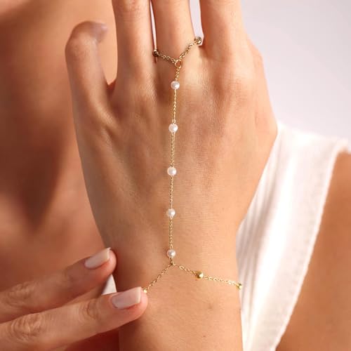 BAYLAY Hand Chain Bracelet, 14K Gold Plated Ring Bracelet Hand Chain Dainty Gold Bracelet for Women Trendy Finger Ring Slave Bracelets Hand Jewelry for Women Summer Beach Boho Gifts Trendy Stuff - color: Pearls