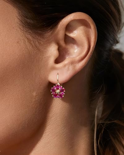 Vintage 14K Gold Plated Flower Birthstone Earrings - Hypoallergenic Leverback Floral Earrings, Trendy Jewelry Gifts for Women - color: Hot Pink