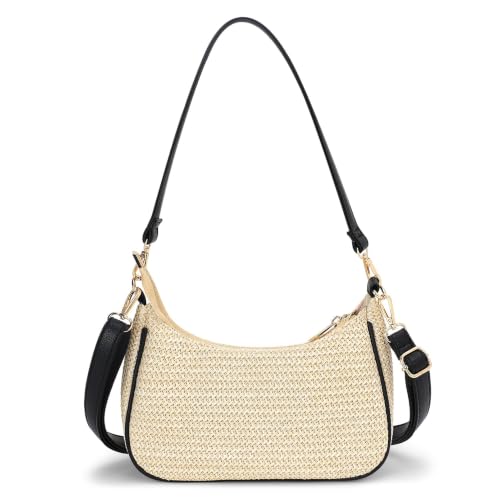 Straw Shoulder Bag for Women – Summer Woven Colorful Stripe Purse - color: Beige Straw