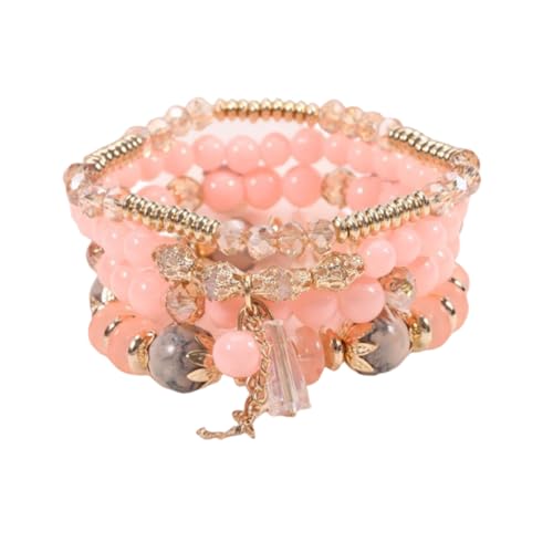 Caiyao 4Pcs Bohemia Multilayer Stackable Beaded Bracelets Set Colorful Crystal Stone Gold Beaded Stretch Bracelets Hawaii Charm Bracelet for Women Men Summer Beach Boho Vacation Jewelry Gifts - color: Pink