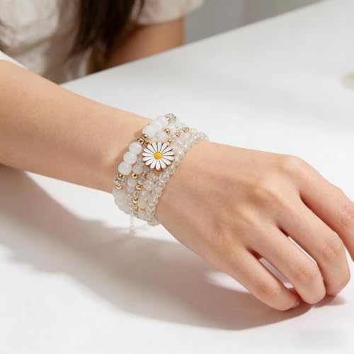coadipress 5Pcs Bohemian Flower Stackable Bead Bracelets for Women Multilayer Crystal Glass Beaded Charm Bangles Bracelet Boho Summer Beach Hawaii Holiday Statement Jewelry - color: White