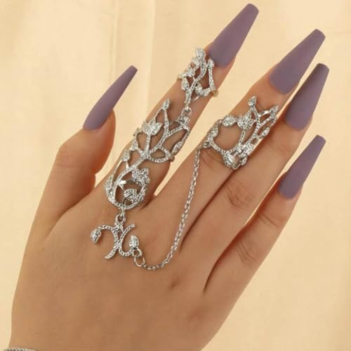 Yalice Charm Leaf Full Finger Ring Bracelets Dainty Knuckle Open Ring Harness Hand Chains Adjustable Statement Rings Jewelry for Women Gift - color: Silver