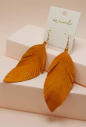 Large Genuine Soft Leather Handmade Fringe Feather Lightweight Tear Drop Dangle Color Earrings for Women Girls Fashion - color: Mustard