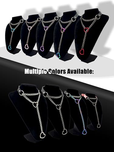Black Leather Choker Collar For Women, Handmade Heart Slip Chain Choker Long Necklace with Adjustable Buckle - color: B-Black-Black-Pink, size: 24''chain