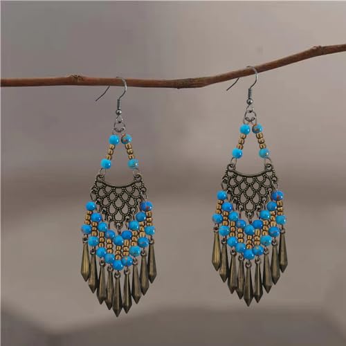 Handmade Vintage Bronze Bohemian Long Tassel Colorful Bead Dangle Drop Earrings Big Tribal Chandelier Geometry Hook Earrings for Women Statement Jewelry Gifts - color: Lake Blue