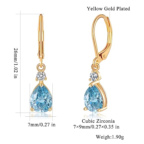 CiNily Teardrop Leverback Dangle Earrings for Women Hypoallergenic 14K Gold Plated Cubic Zircon Drop Earrings Fashion Crystal Earrings for Girls Jewelry Christmas Gifts - color: Gold-Blue CZ