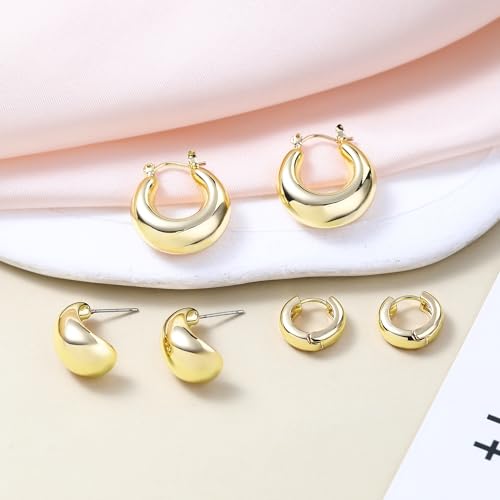 HILXURY Gold Chunky Hoop Earrings Set for Women, 14K Gold Plated Twisted Huggie Hoop Earring Hypoallergenic, Thick Open Hoops Set Lightweight - color: 3 gold hoops chunky