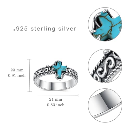 Real Genuine Turquoise Cross Ring 925 Sterling Silver Boho Style Christian Catholic Faith Jewelry Gift for Women - size: 7