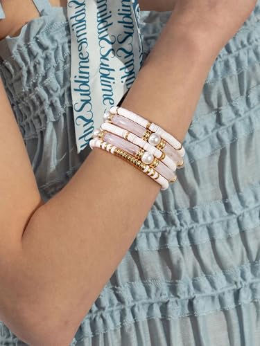 Elegance 11 designs colorful bracelets for women Surfer Thick Tube Heishi Summer Beach Beaded Stackable Boho Stretch Bracelets - color: Elegant White