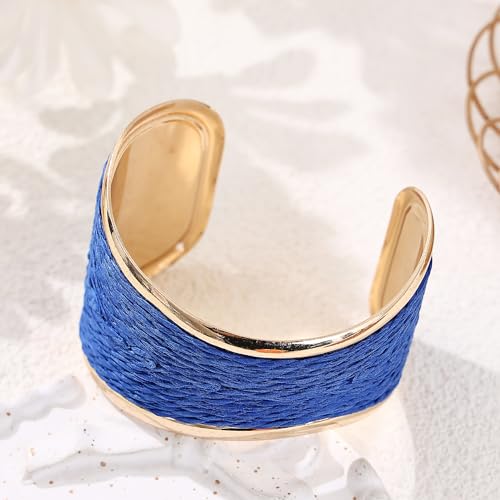 Raffia Colorful Chunky Cuff Bracelet For Women Statement Irregular Wave Vacation Tropical Beachy Spring Summer Wide Open Bangle Handmade Boho Costume Jewelry Accessories - color: C Blue