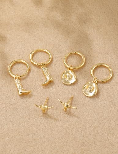 Mameloly Cowgirl Earrings for Women CZ 14K Gold Plated Western Cowboy Hat Dangle Hoop Earrings Cute Jewelry Hypoallergenic - color: 1 CZ Hat