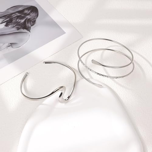 2Pcs Arm Cuff Gold Upper Arm Cuff for Women Adjustable Upper Arm Bracelets Open Irregular Arm Bangle Minimalist Coil Swirl Armlets Armband Jewelry - style: styleE silver