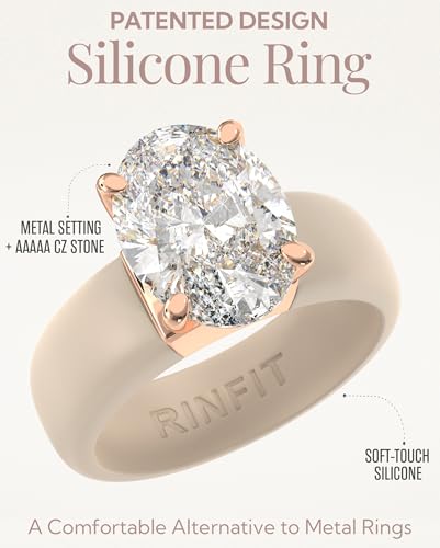 Rinfit Silicone Ring with Stone - Oval Cut Cubic Zirconia Solitaire Engagement Ring for Women - Rubber Wedding Bands - Patented Design - color: Pack M: Nude / Rose Gold