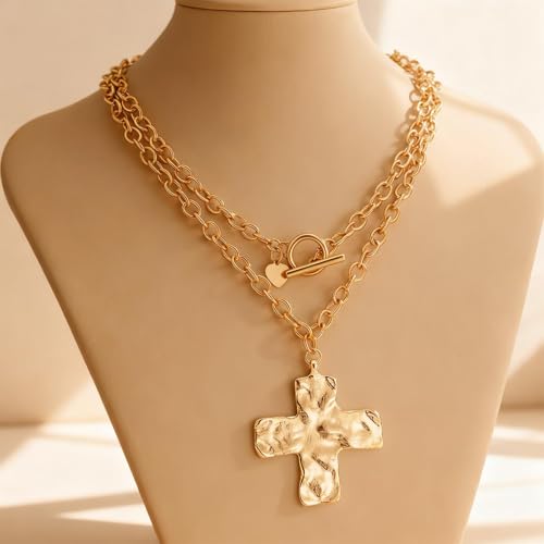 Chunky Cross Necklace for Women Chunky Gold Necklace Statement Cross Pendant Vintage Toggle Clasp Necklace Jewelry for Women - color: B1-Gold Cross Necklace