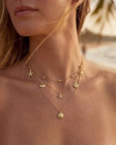 WomenGifts Layered Gold Necklaces for Women, 14K Gold Sterling Silver Plated Dainty Pendant Necklace Set Non Tarnish, Chunky Stackable Cuban Chain Choker, Trendy Birthstone Vacation Jewelry Gift - color: Gold, style: Starfish