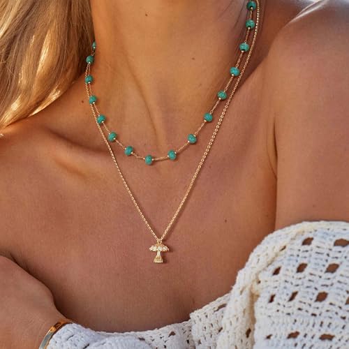 Created Turquoise Necklace for Women 14K Gold Plated Beaded Heart Choker Boho Necklaces Handmade Beach Summer Everyday Western Jewelry Gifts - color: Gold Chain, style: Bead