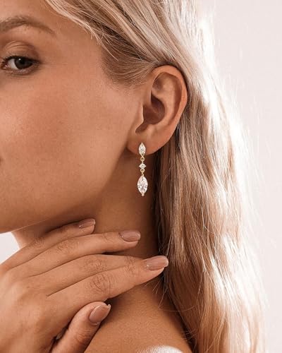 HANLI Dangle Earrings for Women – 14K Gold Plated/Silver Drop Earrings Sparkly CZ Gold Dangle Earrings Elegant Dangling Earrings for Wedding Bridal Prom Jewelry - color: 3-Dangle CZ Gold