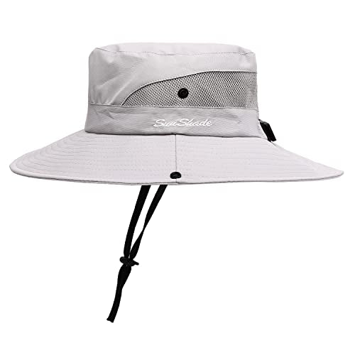 Womens Summer Sun Hat Beach Hat Wide Brim Outdoor UV Protection Hat Foldable Cool Mesh Ponytail Bucket Hat - color: Pure Light Grey