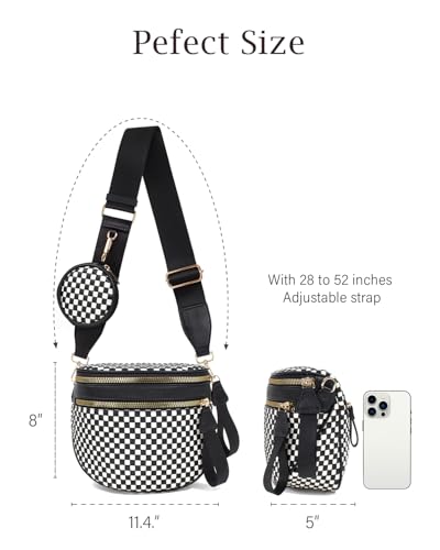 Valentoria Large Woven Leather Crossbody Bags for Women Checkered Bum Bag Sling Bag Purse Adjustable Strap Detachable Wallet | Woven - color: Black&white Checkered