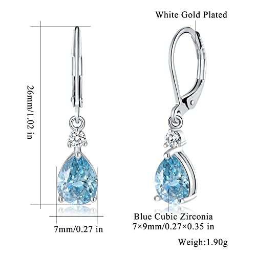 CiNily Teardrop Leverback Dangle Earrings for Women Hypoallergenic 14K Gold Plated Cubic Zircon Drop Earrings Fashion Crystal Earrings for Girls Jewelry Christmas Gifts - color: White Gold-Blue CZ