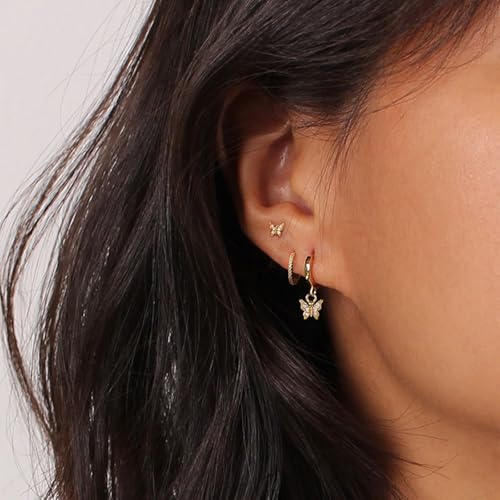 3 Pairs Small Earring Stacks, 14K Gold/Silver/Black/Rose Gold Plated Pearl Heart Butterfly Star Diamond Charm Drop Huggie Earrings Trendy Jewelry Gift for Women - color: Gold-Butterfly
