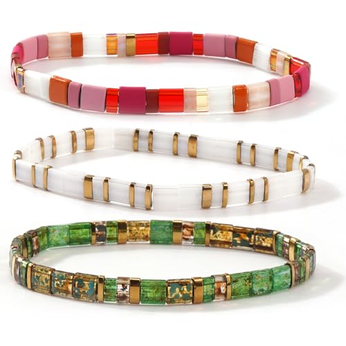 Tila Flat Square Stack Beaded Bracelets Set for Women Men, Boho 3Pcs Romantic Handmade Healing Gold Colorful Stretch Accessories Jewelry, Daily Vacation Party Holiday Friendship Gift - color: Red White Green