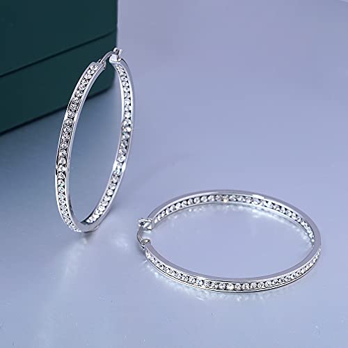 CiNily Mult-colors Crystal Stainless Steel Hoop Earring for Women Hypoallergenic Jewelry for Sensitive Ears Large Big Hoop Earrings 2" - color: Clear White
