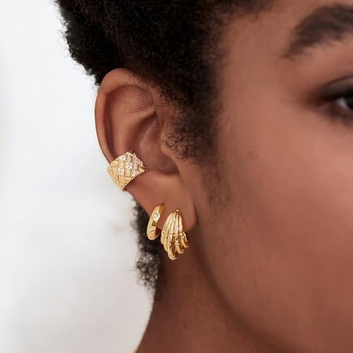MYEARS Women Earrings Gold Huggie Hoop 14K Small Simple Hypoallergenic Everyday Jewelry - style: Ridge