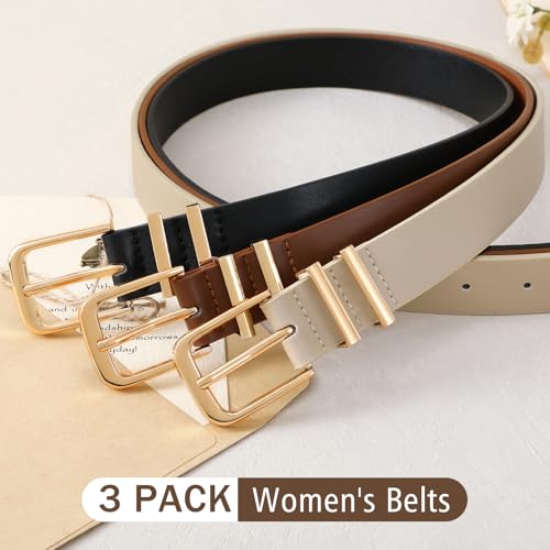 3 Pack Women's Belts for Jeans Pants Dresses Fashion Ladies Leather Waist Belt with Buckle Leather Belts - color: Black+coffee+beige(gold), size: Fit Waist Size 25-30in