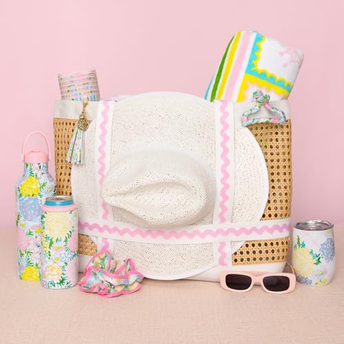 Lilly Pulitzer Travel Tote Bag with Hat Holder Strap, Caning Beach Bag with Tassel Keychain - color: Lilly Garden Home