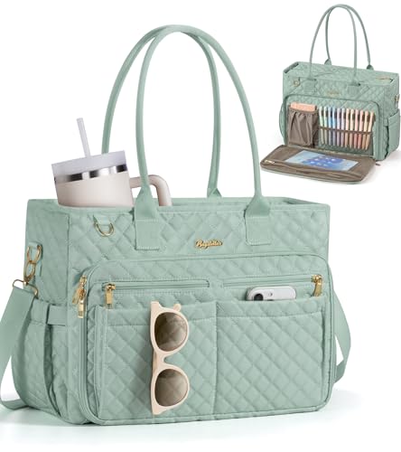 Bagstellar Teacher Bags for Women, 15.6 inch Laptop Work Tote Bag Quilted Nurse Bible Computer Shoulder Bag for School Travel | Dream Tote Work Bag - color: Sage Green