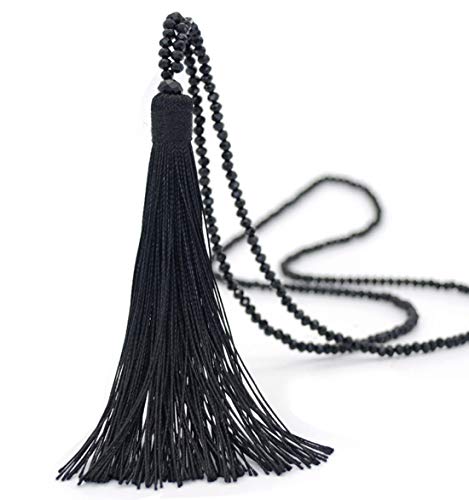 Long Tassel Necklace Handmade Turquoise Pearl Crystal Beads Necklace for Women Fashion Jewelry - color: B: BLACK