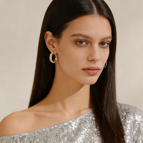 Chunky Gold Hoop Earrings for Women - 14k Gold Plated Twisted Rope Thick Hoops, Lightweight Hypoallergenic Small Hoop Earrings, Trendy Fashion Jewelry Gifts - color: golden