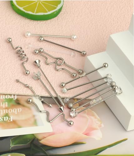 Suotarn 14G Industrial Piercing Jewelry For Women Men Stainless Steel 38 Industrial Barbell Long Cartilage Helix Conch Earrings Stud 14G Gauges Industrial Jewelry Butterfly Heart Cool 7-18pcs - color: mix style 17pcs