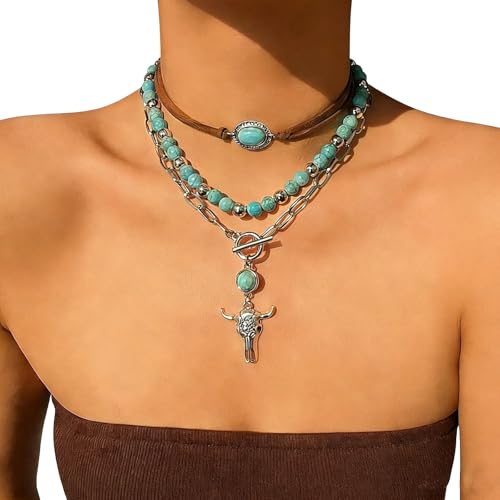 GIGB PBDK Boho Western Necklaces for Women,Turquoise Beaded Layered Necklaces Vintage Cow Cactus Pendant Choker Necklace Set,Cowgirl Jewelry Accessories Gifts - style: A1