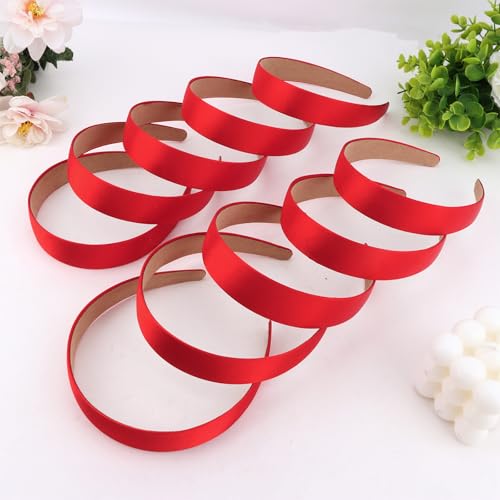 Wecoe 10 Pack Red Headbands 1 Inch Wide Glossy Satin Headbands Women Non Slip Fashion Plain Solid Head Bands DIY Valentine' s Day Christmas Hair Accessories for Women Girls Diademas Para Mujer - color: Bright Red