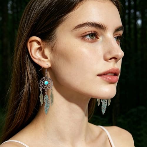 Boho Turquoise Drop Earrings Retro Long Copper Feather Tasse Metal Leaf Dangle Earrings Vintage Country Western Jewelry Cowgirl Ethnic Style Geometric Concert Festival Accessories for Women - color: Dreamcatcher Net Blue