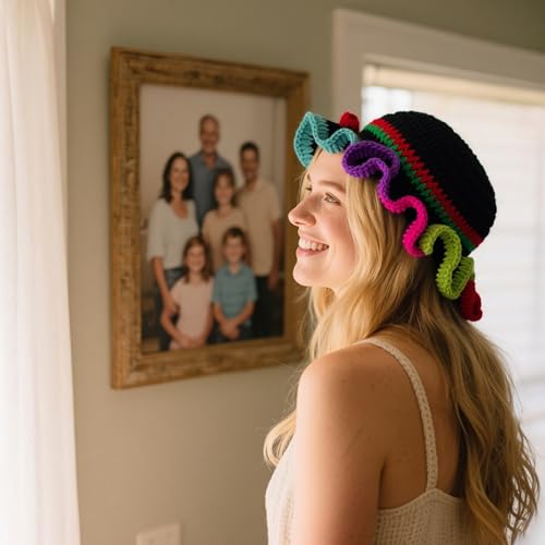 Handmade Crochet Bucket Hat for Women Boho Chic Slouchy Design Colorblock Ruffled Brim Festival&Daily Crochet Hat - color: Black Crown Contrasting