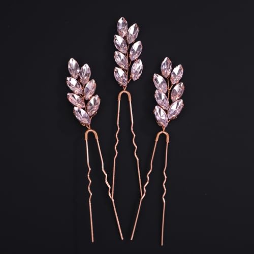 3pcs Rhinestones Beads Pink Hair Pins for Women Wedding Bridal Vintage Hair Styling Jewelry (Pink) - color: Pink