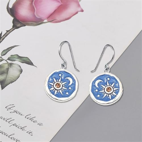 MALOYANVE Vintage Sun and Moon Drop Dangle Earrings for Women Unique lightweight Handmade Retro Boho Antiqued Gold Silver Round Coin Earrings for Women Jewelry - color: Silver Blue Earrings