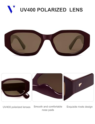 VANLINKER Trendy Polarized Hexagon Sunglasses for Women Men Retro 90s Rectangle Shades Vintage Square Frame VL9887 - color: C5-burgundy/Brown