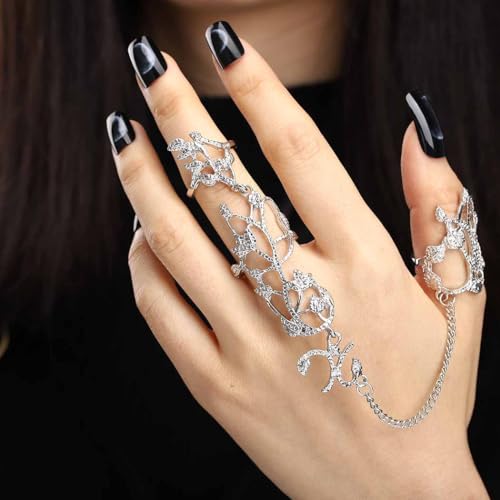 Yalice Charm Leaf Full Finger Ring Bracelets Dainty Knuckle Open Ring Harness Hand Chains Adjustable Statement Rings Jewelry for Women Gift - color: Silver