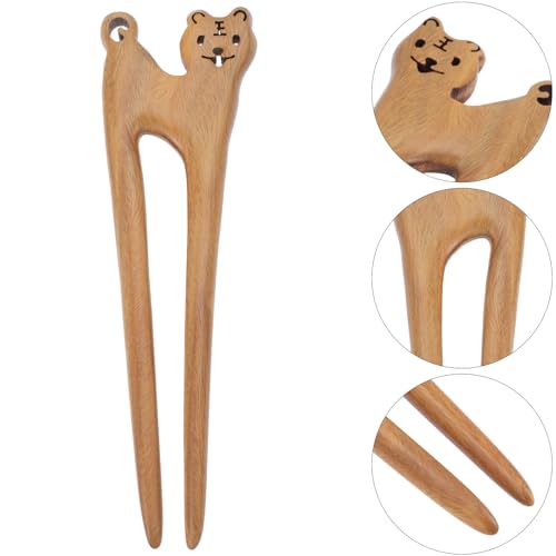 SHOWERORO Handmade Green Sandalwood Hair Fork Tiger Hairpin Double Prong Bun Hair Stick for Women for Elegant Updo