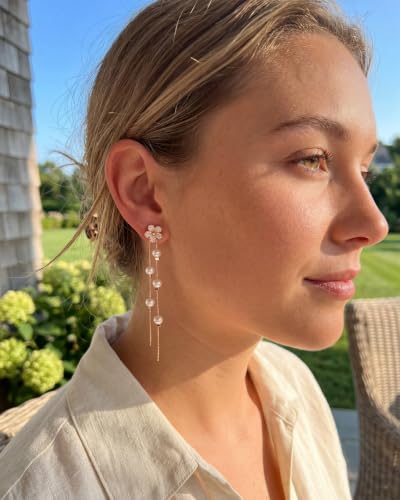 MUMREUES Gold Earrings for Women Trendy 14k Gold Plated Cubic Zirconia Flower Dangle Earrings Hypoallergenic Dainty Pearl Drop Chain Earrings Jewelry Gifts for Her - color: Flower & Rose Gold
