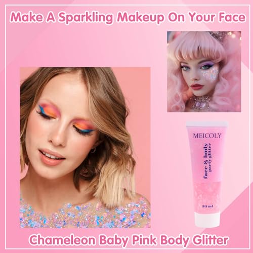 MEICOLY Chameleon Baby Pink Body Glitter,Pink Turn to Purple Face Glitter Paint,Holographic Color Changing Mermaid Face Glitter Gel for Hair,Self-Adhesive Chunky Glitter for Halloween Festival Party - color: chameleon baby pink body glitter